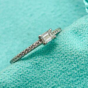 Tiffany & Co. Novo Horizon Platinum Emerald Cut & Round Diamond Ring Size 4.75